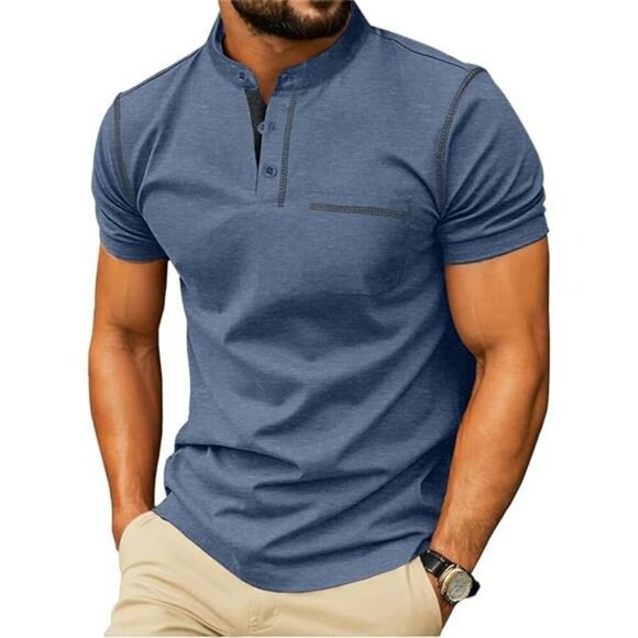 Mens Short Sleeve Henley Shirt Cotton Button Casual Summer Pocket Tee Top - Picture 7 of 7